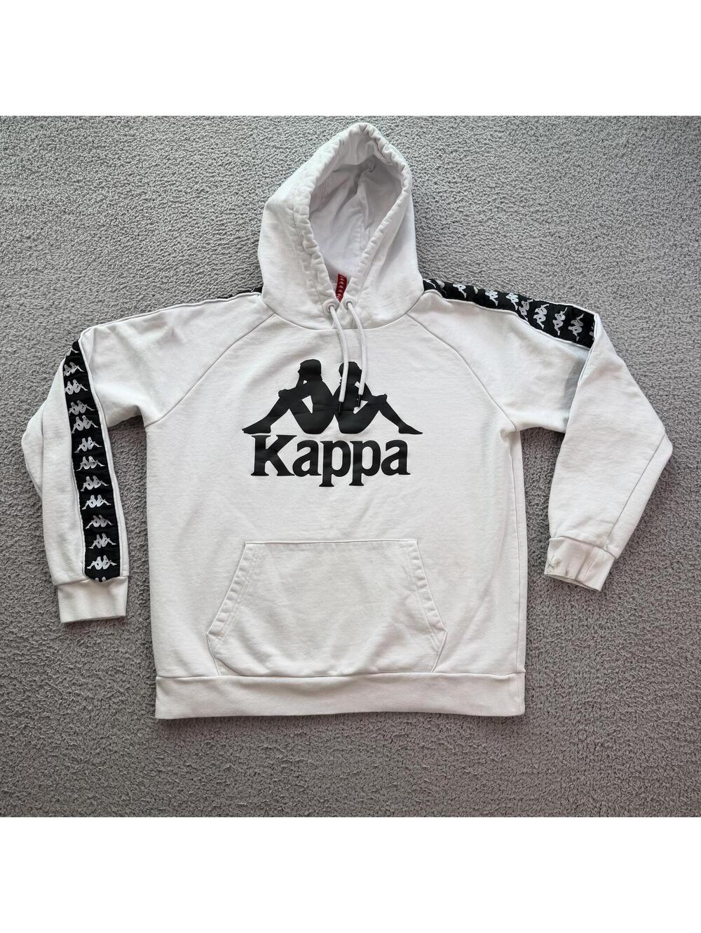 Kappa White Logo Hoodie Mens Large Tape Sleeve Streetwear Pullover Sweatshirt